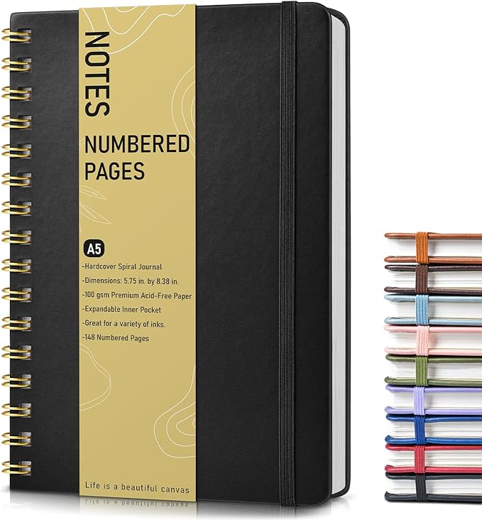 Lined Spiral Journal Notebook, A5 Hardcover Spiral Journals for Women Men, 150 Numbered Pages Spiral Bound Notebook, 100 GSM College Ruled Notebooks for Writing Note Taking Working 5.75" x 8.38" Black