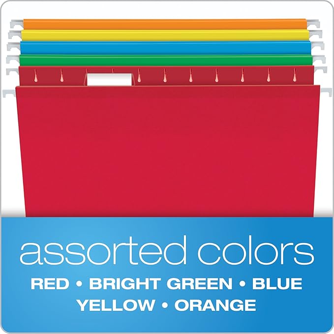 Pendaflex Reinforced Hanging Folders, Letter Size, Assorted Colors 1/5 Cut, Tabs and Inserts, 25 Per Box (41522AMZ)