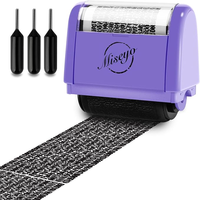 Miseyo Wide Identity Theft Protection Roller Stamp Set - Purple (3 Refill Ink Included)