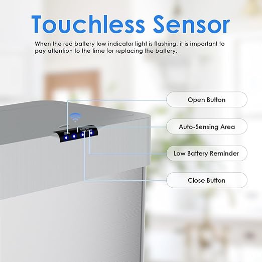 AthLike Sensor Trash Can, Touchless Motion Sensor Trash Bin, Smart Automatic Garbage Can with Soft-Close Lid, Bag Retainer Ring and Display Light,for Kitchen,Living Room Office (Silver, 18.5 Gal)