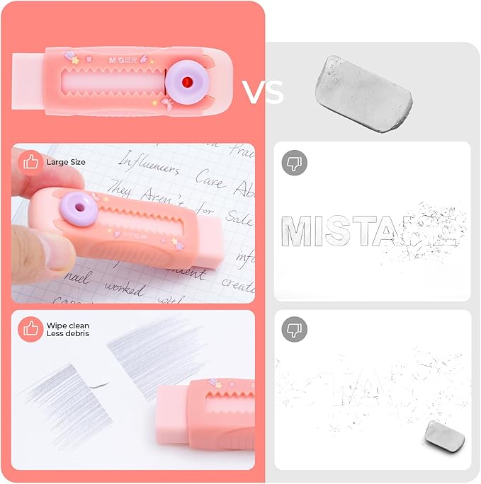 M&G 2+4 Pack Rubber Erasers Sliding Retractable Eraser, 2 Pack Cute Erasers Push Pull Large Pencil Eraser with Plastic Sleeve and 4 Refill Erasers for Students, School Office Supplies (Pink Unicorn)