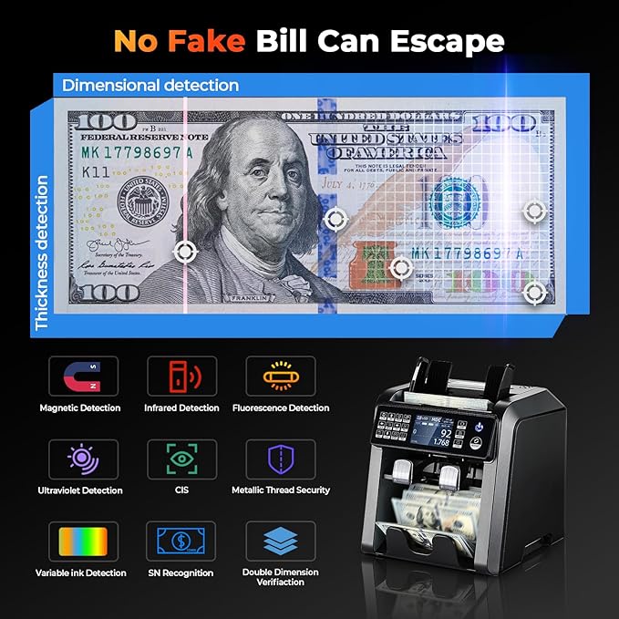 MUNBYN IMC08 Dual Money Counter Machine Mixed Denomination with Reject Pocket, Value Counting, Counterfeit Detection 2 CIS/UV/MG/IR, Sort&Print Enabled Cash Counter, Mixed Bill Counter (Black)