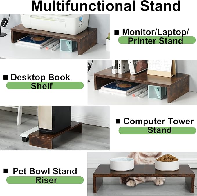 TEAMIX 2 Pack Monitor Stand Riser-20 inch, Wooden Tabletop Shelf for TV/PC/Laptop/Printer, Rustic Brown Monitor Riser with Storage, Computer Stand Ergonomic Design