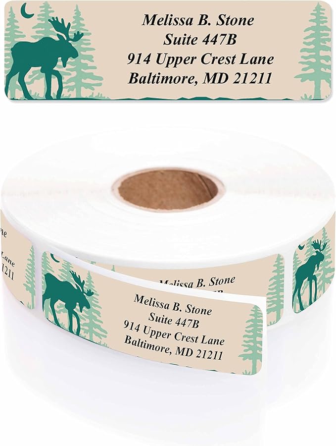 Brushed Moose Designer Rolled Address Labels with Elegant Plastic Dispenser