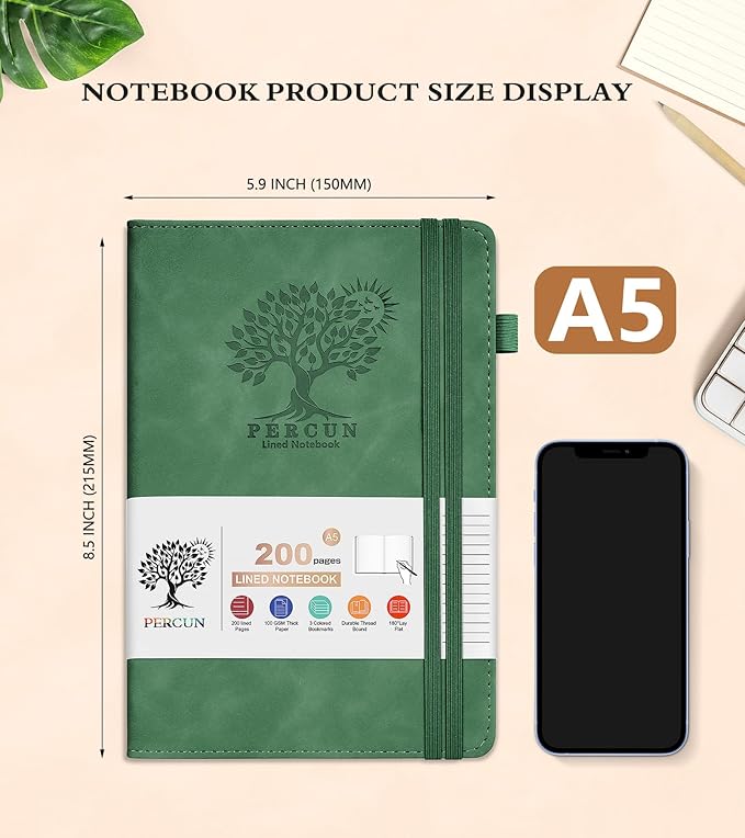 Lined Journal Notebook for Men & Women,200 Pages A5 Hardcover Leather Notebook (5.9"x8.5"), Travel Journal for Work, School, Business Writing, Note Taking, Notepad Diary (Green)