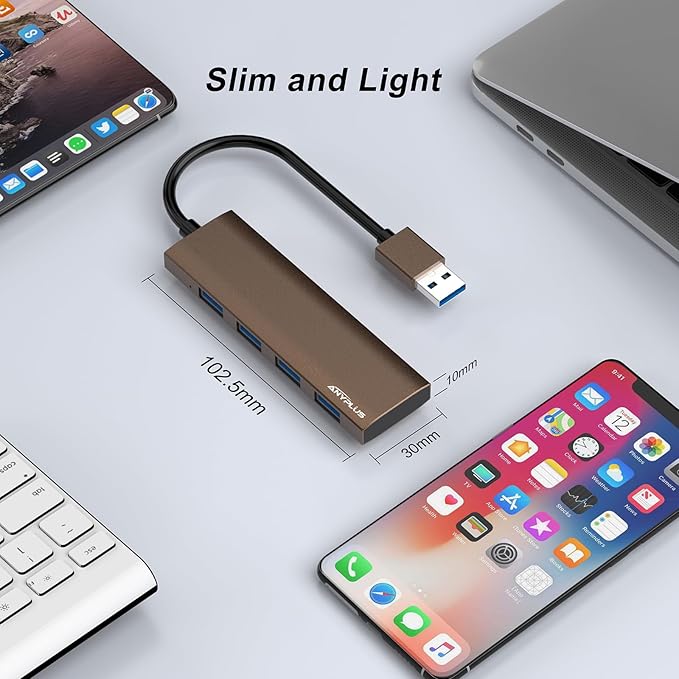 USB Hub, USB 3.0 Hub Aluminum Alloy Ultra Slim USB Splitter, Portable 4 Port USB Extender, USB Hub for Laptop, PC, MacBook, iMac, Surface Pro, Mac Pro, Flash Drive, XPS【Brown】