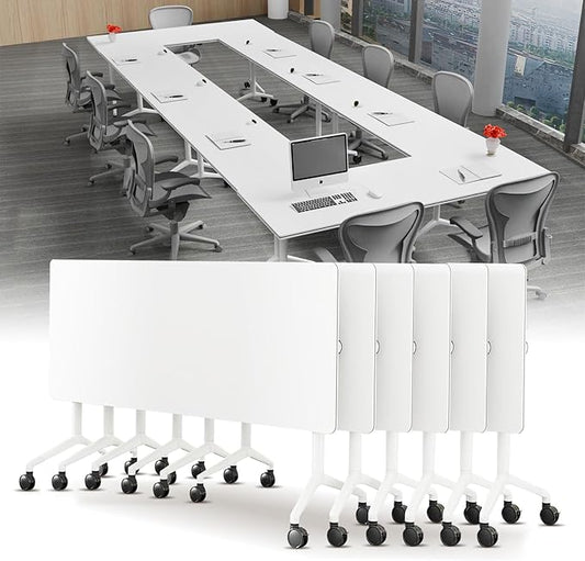 Conference Table, Folding Conference Desk Modern White, Seminar Table with Wheels, 2-10 People for Office, Meeting Break Room (6, 1915, 47IN)