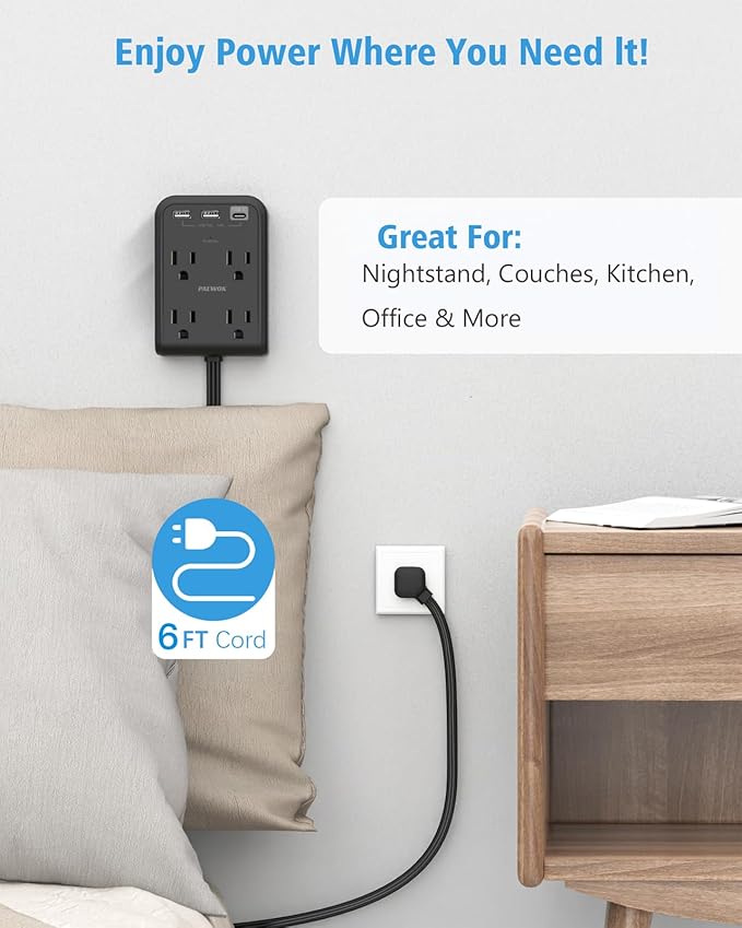 Flat Electrical Outlet Extender with USB C Ports, 4 Outlet 3 USB Wall Plug, 6 ft Ultra Thin Extension Cord, Flat Plug Power Strip Surge Protector for Home, Office. Black