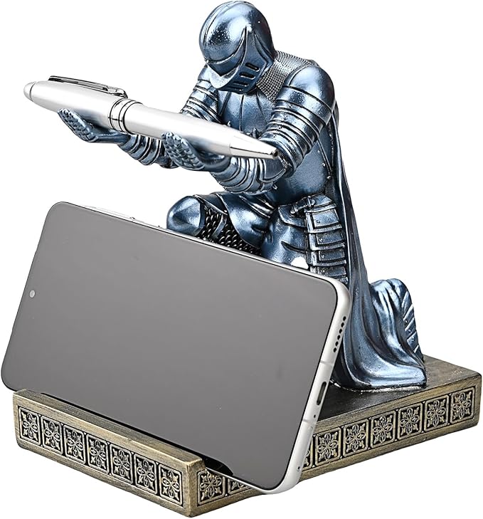 Windbreaker Soldier Knight Pen Holder Personalized Desk Accessory, Mobile Phone & Gaming Controller Holder, Device Stand Gift for Medieval Enthusiasts (Blue)