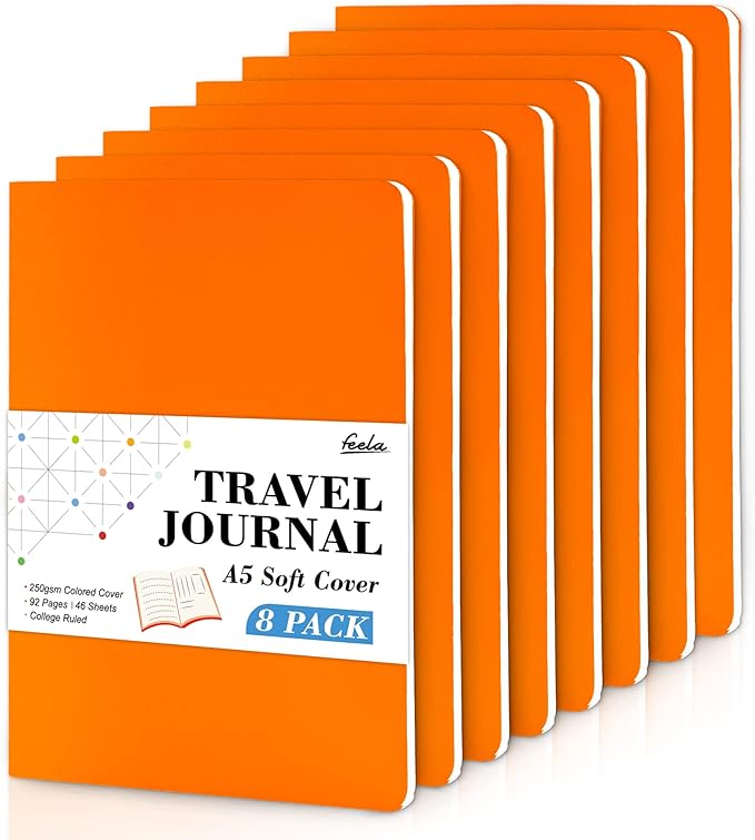feela 8 Pack Soft Cover Journal Bulk, Notebooks College Ruled for Work, Lined Travel Journal for Women Men, Note Taking Notebook School Supplies Business Writing, 8.2” x 5.5”, A5, Orange