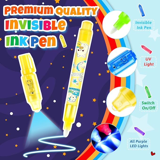 GIFTINBOX Invisible Ink Pen with UV Light for Kids, 12PCS Spy Pen Party Favors for Kids 8-12, Magic Marker for Secret Message, School Supplies Birthday Goody Bag Stuffers for Boys Girls