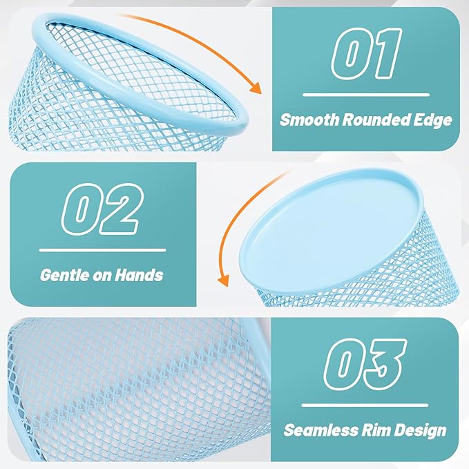 Segarty Pencil Holder, 3 Pack Light Blue Pen Holder, Pencils Cups for Desk, Round Mesh Pens Container Organizer for Office Supplies, School Classroom, Makeup Brush, Home Storage