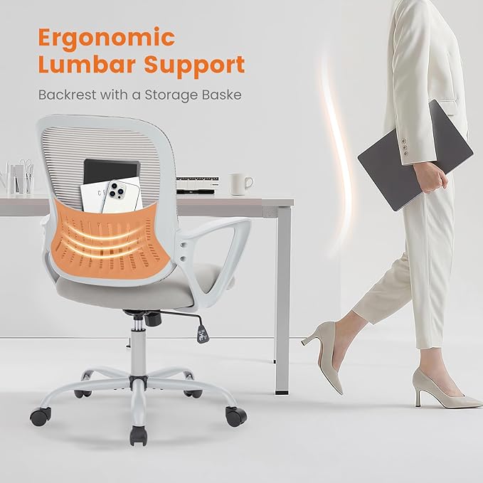 Sweetcrispy Office Computer Desk Managerial Executive Chair, Ergonomic Mid-Back Mesh Rolling Work Swivel Chairs with Wheels, Comfortable Lumbar Support, Comfy Arms for Home,Bedroom,Study,Student,Grey