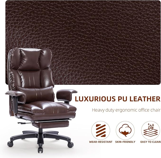 Big and Tall Office Chair 500lbs Wide Seat Executive Office Desk Chair High-Back Office Task Chair with Foot Rest, Ergonomic Lumbar Support Computer Office Chairs for Heavy People(Brown)