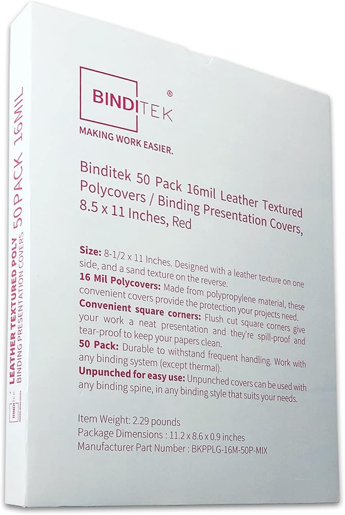 Binditek 50 Pack 16 Mil Leather Textured Polycovers - Binding Presentation Covers for Business Reports and Proposals 8-1/2 x 11 Inches, Red Color, for Students and Coworkers