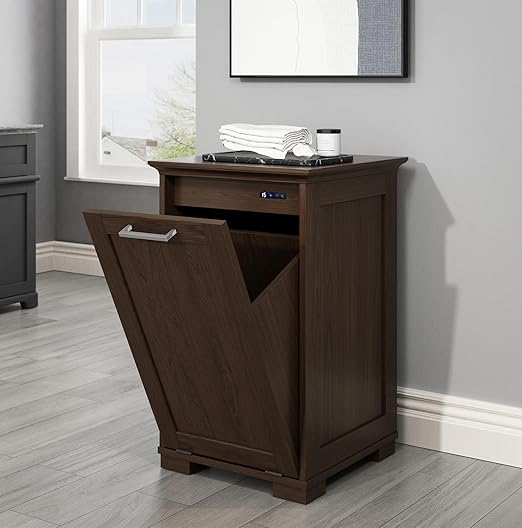 OLD CAPTAIN Wooden Tilt Out Trash Cabinet, Wooden Kitchen Garbage Can Free Standing Holder, Brown Finish