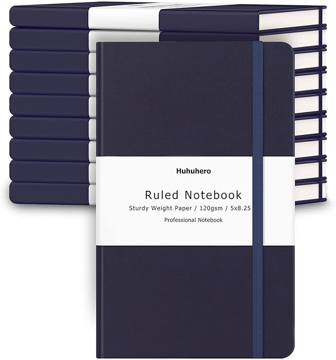 Huhuhero Lind Notebook Journals for Writing, 120Gsm Premium Thick Paper Hardcover Notebooks for Work, Business, Note Taking, Office School Supplies 5"×8.25" (10, Navy Blue)