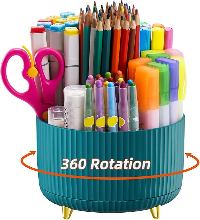 Marbrasse Desk Organizer, 360-Degree Rotating Pen Holder for Desk, Desk Organizers and Accessories with 5 Compartments Pencil Organizer, Art Supply Storage Box Caddy for Office, Home（Green）
