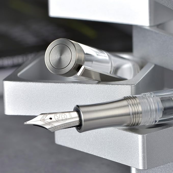 Asvine V200 Titanium Fountain Pen Vacuum Filling, Bock Medium Nib Clear Transparent Acrylic Smooth Writing Pen Case Set