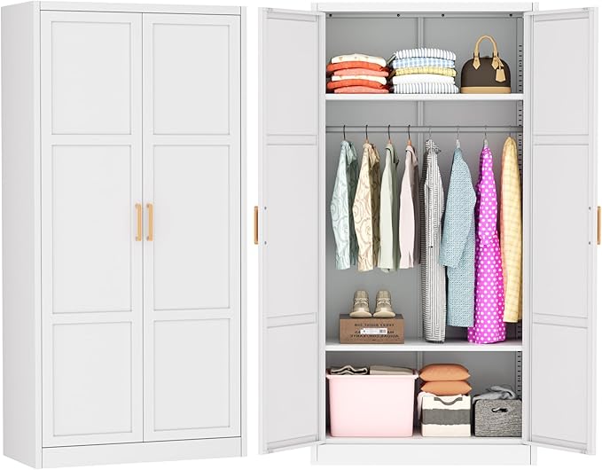 Greenvelly Metal Storage Wardrobe Cabinet, 72" White Metal Wardrobe Closet for Hanging Clothes with Doors and Shelves, Modern Steel Clothes Closet for Home, Office and Bedroom, School,Gym