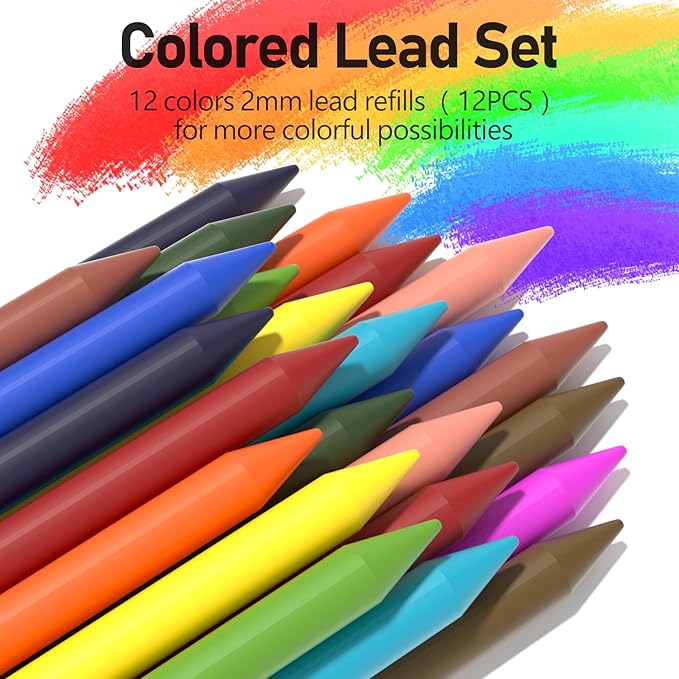 Four Candies 2MM Mechanical Pencil Set with case, Artist Led Pencil Metal Lead Holder with 60PCS Graphite Lead Refill (HB, 2H, 2B, 4B, Color) Kneaded Eraser, Sharpener for Writing, Drawing, Sketching