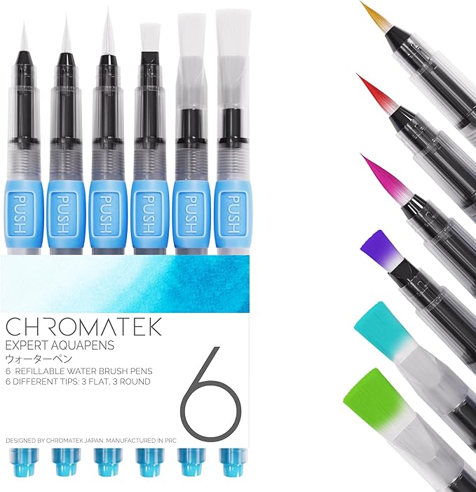 aquapens Water Brush Pens for Painting - 6 Pack - Water Drawing Brush Pens with 6 Different nibs - Portable Watercolor Brush Pens for Artists - Water Brush Pens for Kids and Adults