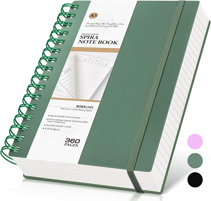 Spiral Notebook Journal,360 Pages College Ruled Notebook, Lined Thick Journals for Women Men,A5 Thick Spiral Journal for Writing,100GSM Paper, Spiral Notebooks for Work School 5.5"x8.5" Green