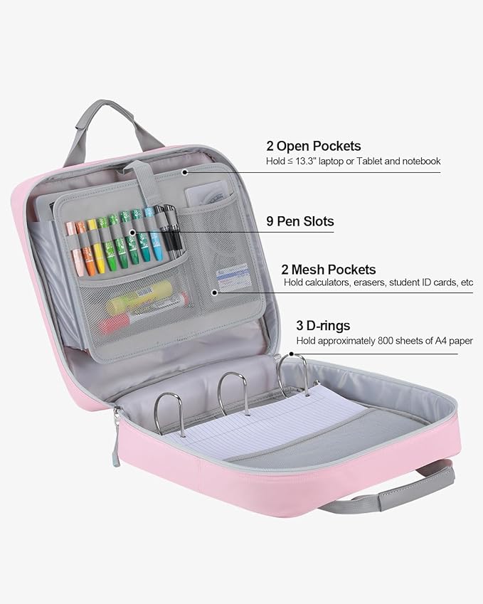4 Inch 3 Ring Zipper Binder with Shoulder Strap & Handle & Multi-Pocket - 4" Binder with Zipper for School, Compatible with 13-Inch Laptop MacBook/Tablet-Patent Design-Pink