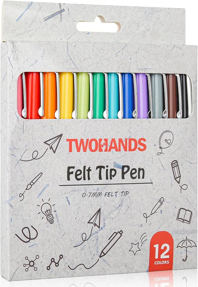 TWOHANDS Felt Tip Pens Fine Point, Assorted Colors Fineliners, Medium Point 0.7 Millimeter Markers for Coloring, Journaling, Note Taking, 22004