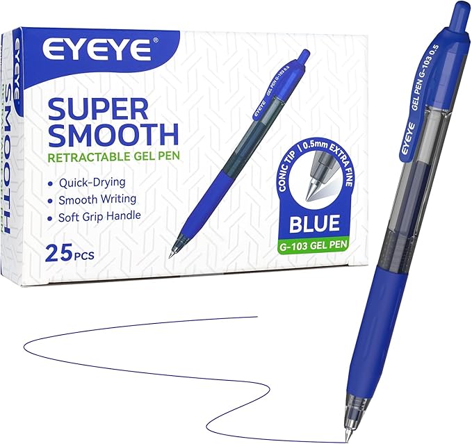 EYEYE G-103 Retractable Gel Pens 0.5mm, 25 Pack 0.5 mm Blue Ink Extra Fine Point Ballpoint Pen Quick Drying, Pen Fine Point Smooth Writing Pens for for Office School Supplies