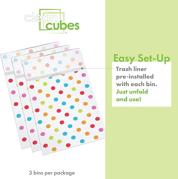 | 30 Gallon Disposable Trash Cans (3-Pack) with Fitted Trash Bags - Reusable Garbage and Recycling Bins for Parties, Events, and More (Polka Dot - 30” Height x 17” Width x 14” Depth)
