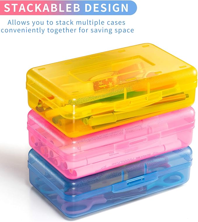 Sooez 3 Pack Pencil Case, Large Pencil Box Bulk, Clear Crayon Box Marker Pen Organizer, Plastic Storage Container with Snap-tight Lid, Stackable School Art Supply Bead Craft Organizer, Colorful