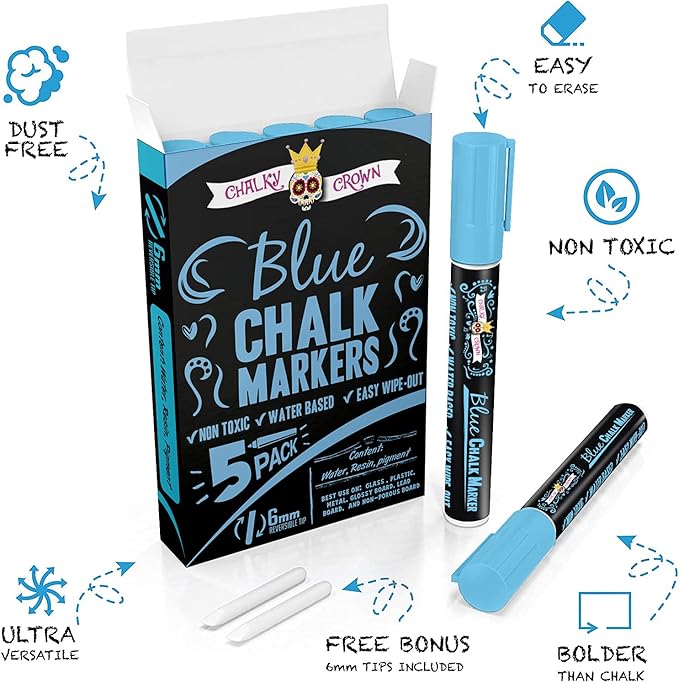 CHALKY CROWN Liquid Chalk Marker Pen - Dry Erase Marker - Chalk Markers for Chalkboard Signs, Windows, Blackboard, Glass - 6mm Reversible Tip (Blue, 5 Pack)