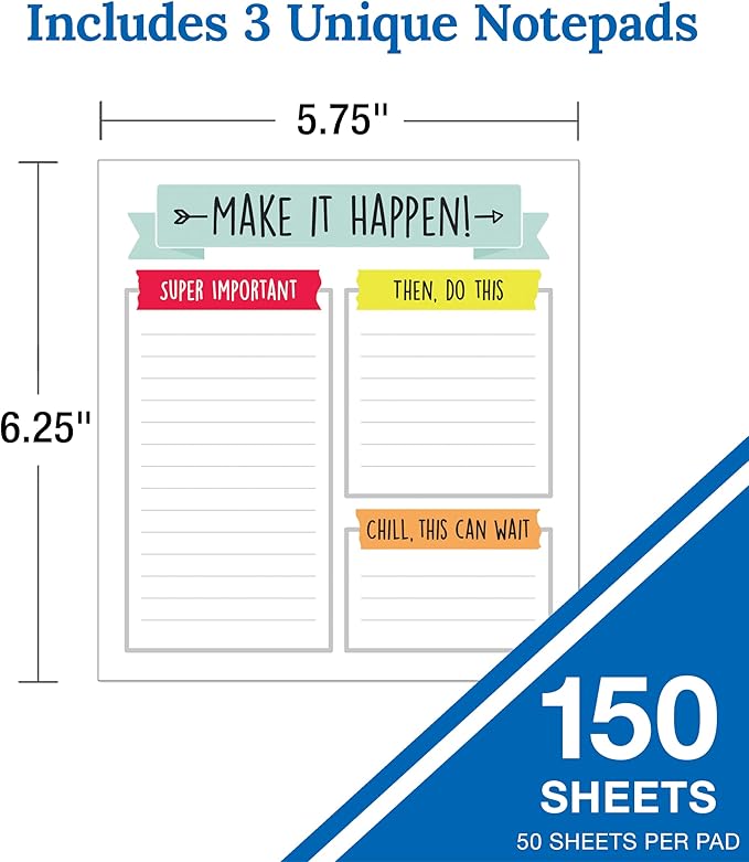 Carson Dellosa Notepad 3-Pack Set, Note Pads for To Do List, Sketch Pad, Grocery List, Checklist, and Classroom Organization Stationary, Desk Accessories and Office Supplies