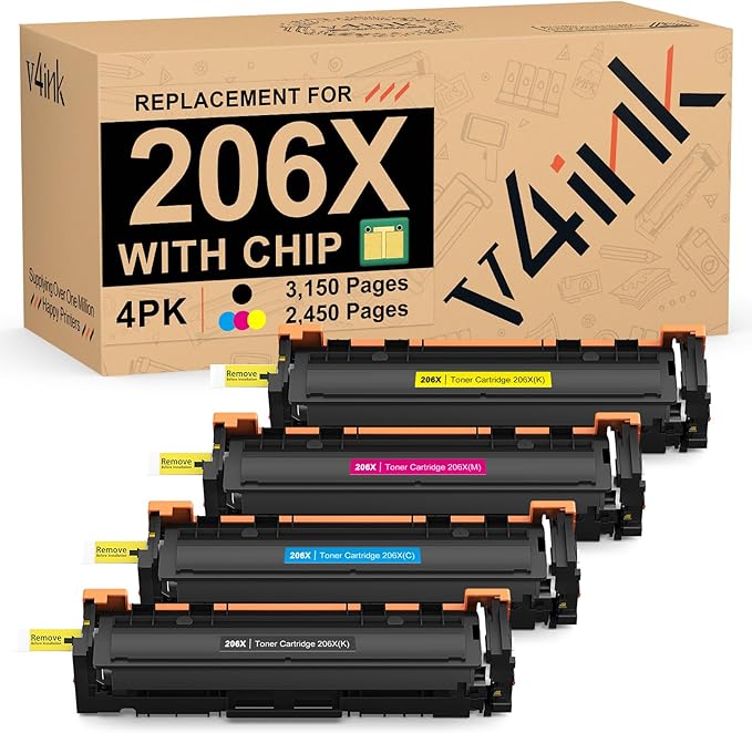 v4ink 206X 206A Toner Cartridge 4 Pack High Yield (Latest Upgraded Chip) Compatible Replacement for HP 206X W2110X W2111X W2112X W2113X use with Color Pro M255dw MFP M283fdw M283cdw M282nw Pirnter