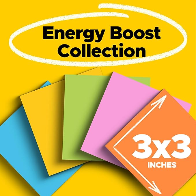 Post-it Super Sticky Notes, 12 Sticky Note Pads, 3 x 3 in., School Supplies, Office Products, Sticky Notes for Vertical Surfaces, Monitors, Walls and Windows, Energy Boost Collection