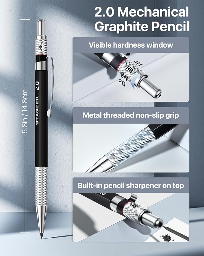 30PCS Mechanical Pencil Set with Canvas Bag, Drawing Pencils 0.5, 0.7, 0.9MM & 3PCS 2MM Sketching Pencil with 464PCS Leads (6B 4B 2B HB 2H 4H Color) for Artist Drafting Drawing Writing