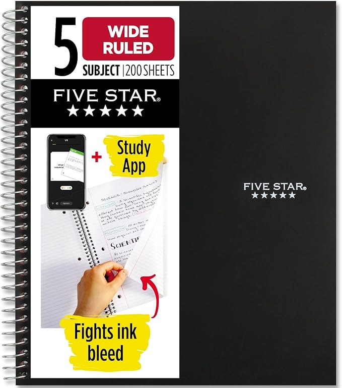 Five Star Spiral Notebook Plus Study App, 5 Subject, Wide Ruled Paper, Fights Ink Bleed, Water Resistant Cover, 8" x 10-1/2", 200 Sheets, Black (72045)