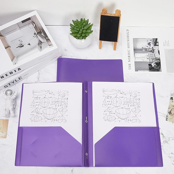 Lincia 100 Pcs Plastic Folders with Pockets and Prong Folders with Prongs Plastic Folders with 2 Pockets Pocket Folders for Office, School for Students, Teachers, Office Workers (Purple)