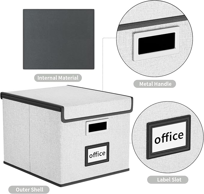 Huolewa Decorative File Storage Organizer Box with Lid, Portable Collapsible Linen Hanging Filing & Storage Boxes for Office/Decor/Home (White) - 14.9 x 12.7 x 10.8 inch - 1Pack