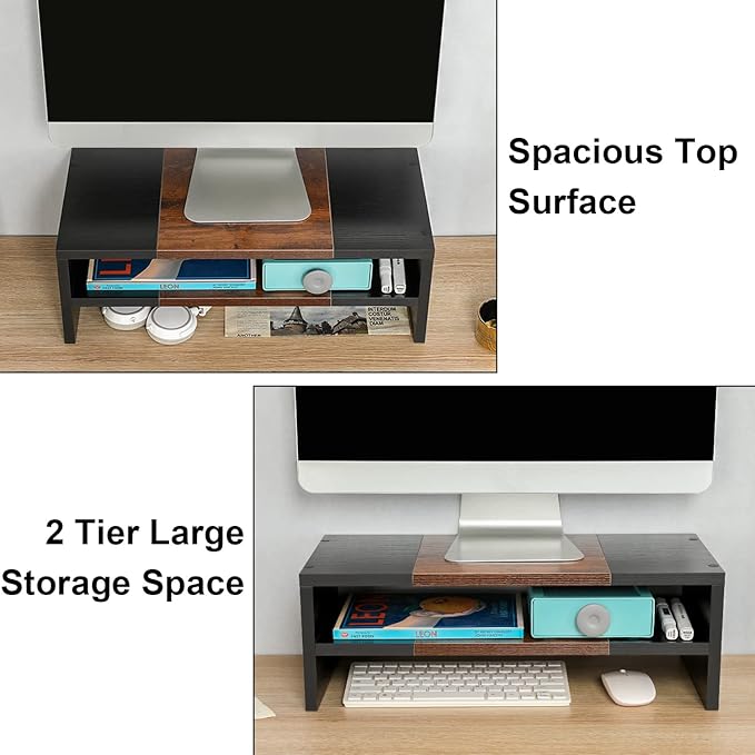 TEAMIX 2 Tiers Desktop Monitor Stand Riser 20 Inch Printer Stand with Storage Small TV Riser Laptop Wooden Desk Organizer Shelf Bookshelf (Black+Brown, 2 tiers)