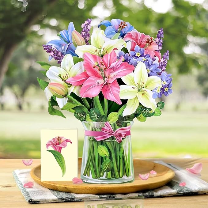 Airpark Pop Up Bouquet Card, Lillies & Lupines, 12 inch Paper Flowers 3D Popup Cards with Note Card and Envelope for Birthday and Gifts, Get Well for Women Kids, Easter Decor