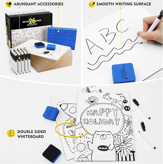 Magicfly Small White Boards, Dry Erase Board Pack of 26, Mini Whiteboards 9x12 Inches Double-Sided White Boards for Students Classroom Teachers School Supplies Office with 32 Pens and 26 Erasers