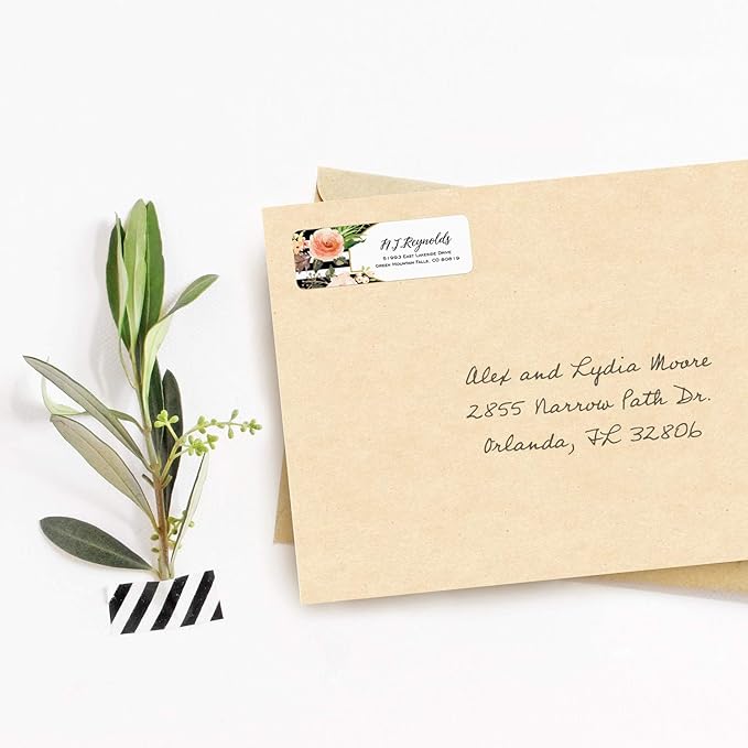 Black and White Stripe Floral Rolled Address Labels/Roll of 250 Personalized Return Address Labels/Designer Return Address Stickers in Elegant Plastic Dispenser