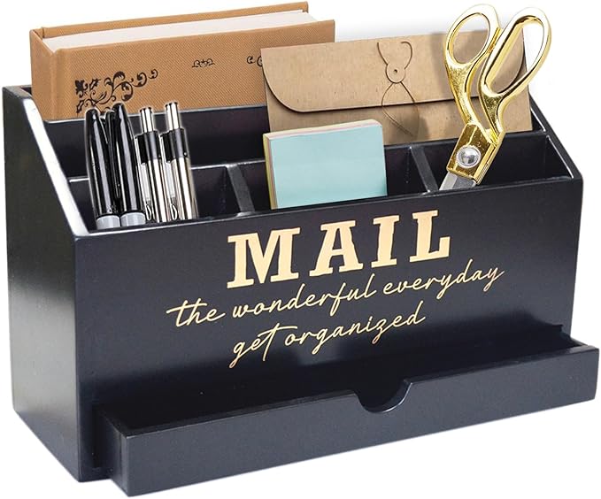 Wooden Black Rustic Countertop Mail Storage Holder with Drawer and Compartments - Office Desk Accessories and Workspace Organizers - Desktop Sorter for Pen Stationery Letter Files Documents