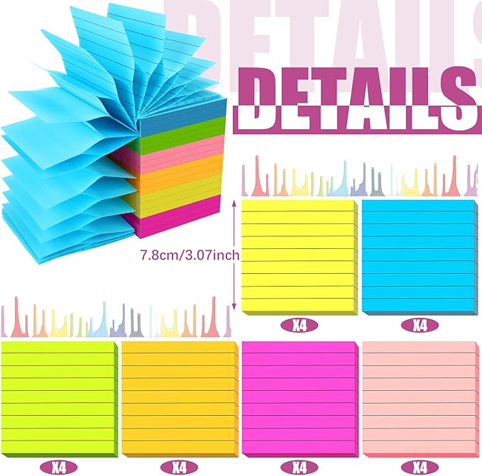 24 Pack Pop Up Sticky Notes 3 x 3 Refills 1200 Sheets Colored Sticky Notes Self Adhesive Memo Pads for Home Office Supplies(Dark Color, Line)