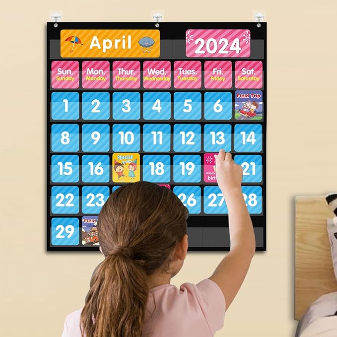 REGELETO Large 44 Pockets Calendar Pocket Chart for Classroom with 85 Cards, Size:25” X 24” Monthly Calendar and Weather Black Pocket Chart for Kids Learning for Home or Kindergarten (44 Pockets)