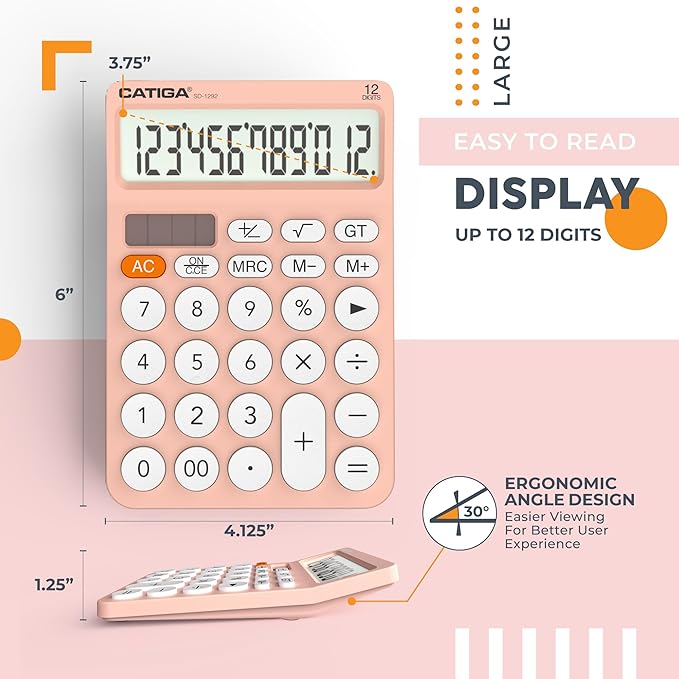 CATIGA 12 Digit Desktop Calculator Basic Desk Calculator with Large LCD Display, Big Buttons, 4 Function, Solar and Battery Dual Power, for Office, School, Home, SD-1292 Pink