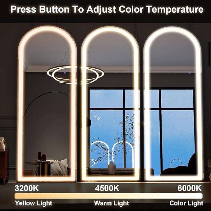 Arched Full Length Mirror with LED Lights, 60"x16" Floor Length Mirror with Stand, Body Floor Mirrors with Dimming & 3 Color Lighting, LED Mirrors for Bedroom, Dressing Room, Cloakroom