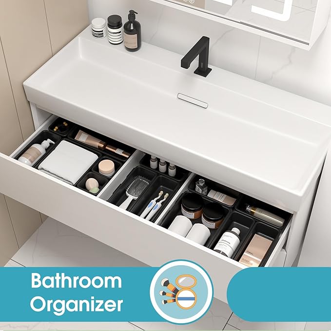 33 PCS Drawer Organizer Set, 4 Size Makeup Drawer Divider Organizer With Non-Slip Pads, Interlocking Plastic Storage Bins for Office,Jewelry Vanity,Gadgets, Bathroom,Kitchen, Black